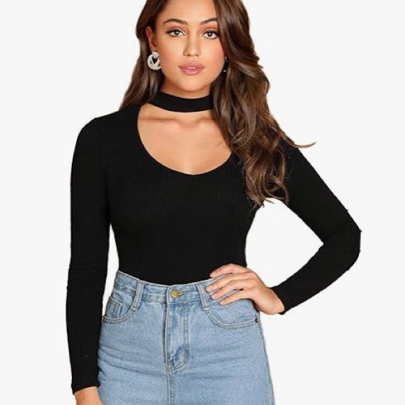 Room Service Tops - Room Service Women's Choker V Neck Cutout Long Sleeve Ribbed Knit Black Sweater